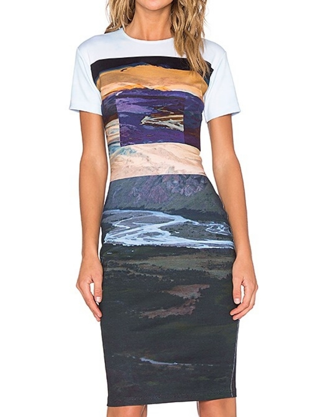 Alexander McQueen McQ Multi “Landscape Print” Bodycon Midi Dress Stretch Small